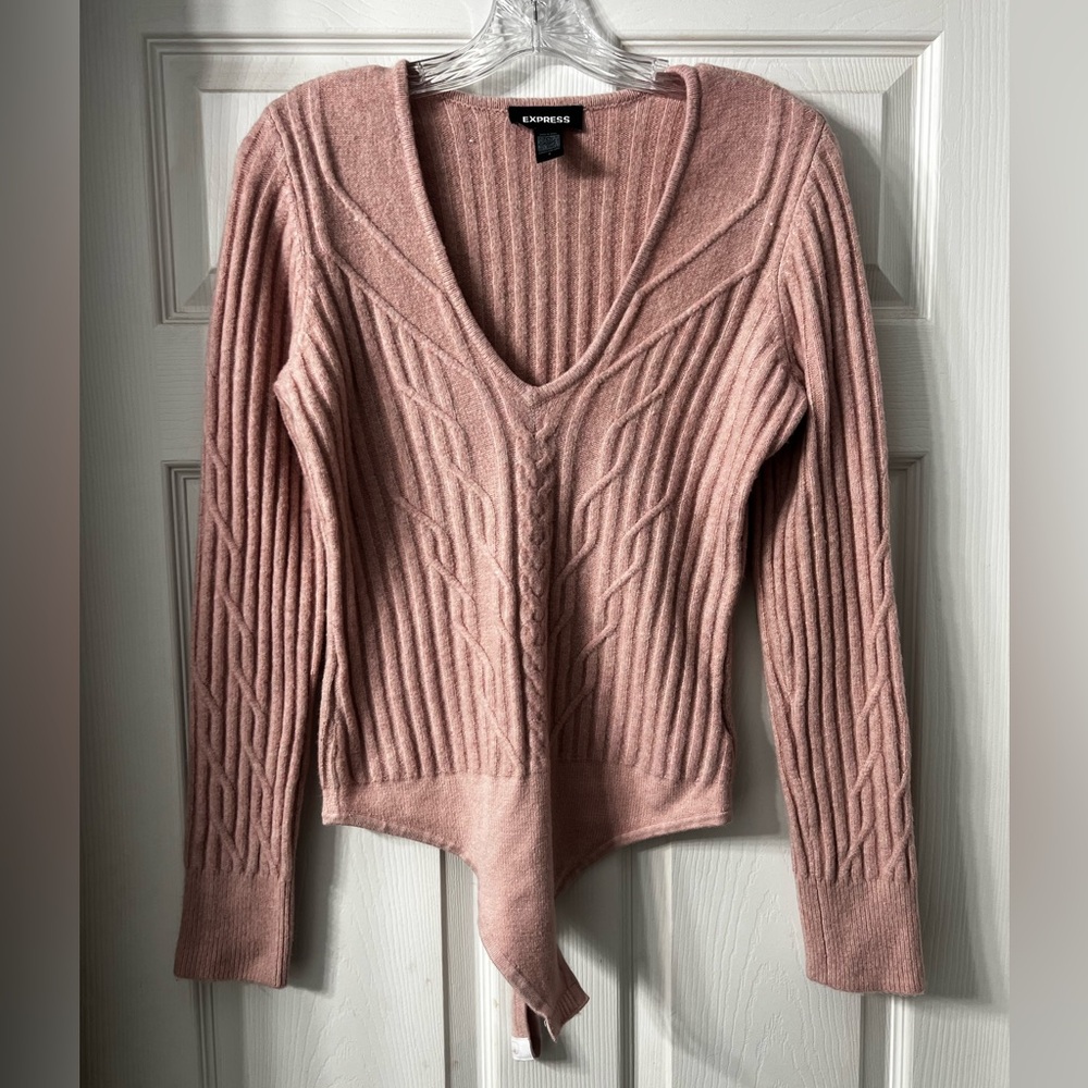 Express Pink deep v-neck cable knit sweater bodysuit